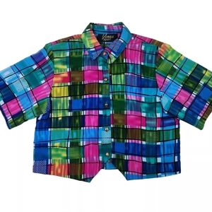 Vintage Jones Sport Of Dallas Womens Colorful Bright Plaid Blouse Retro Size M